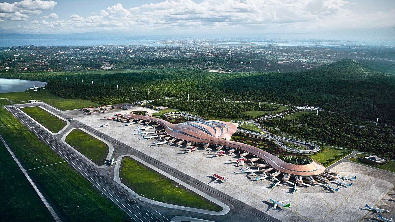 Render of the proposed North Bali Airport terminal design surrounded by green landscape